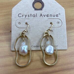 Crystal Avenue Gold-Tone Irregular Frame Drop Earrings With Faux Pearl Accents